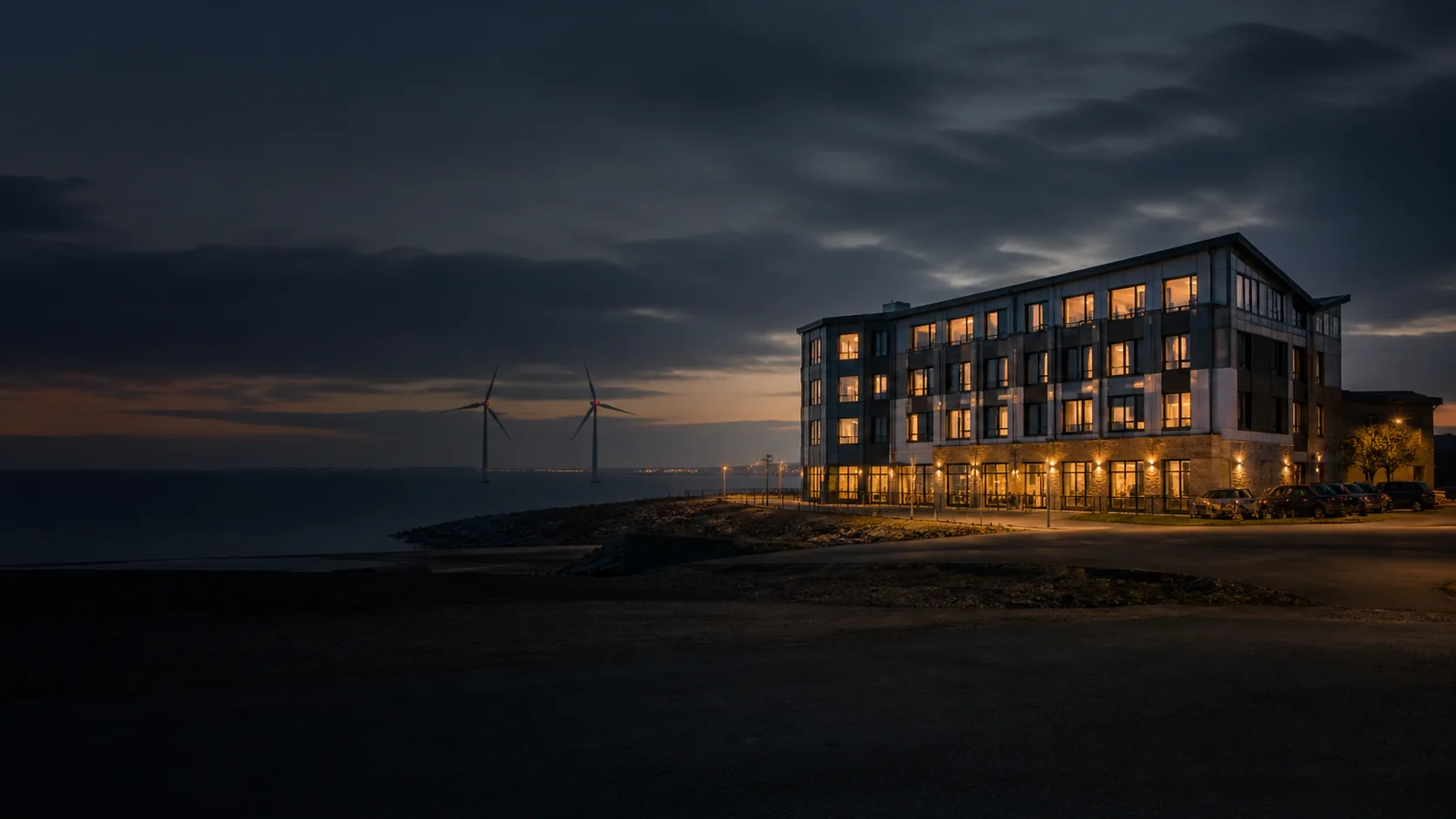 Accommodation near a coastal wind farm