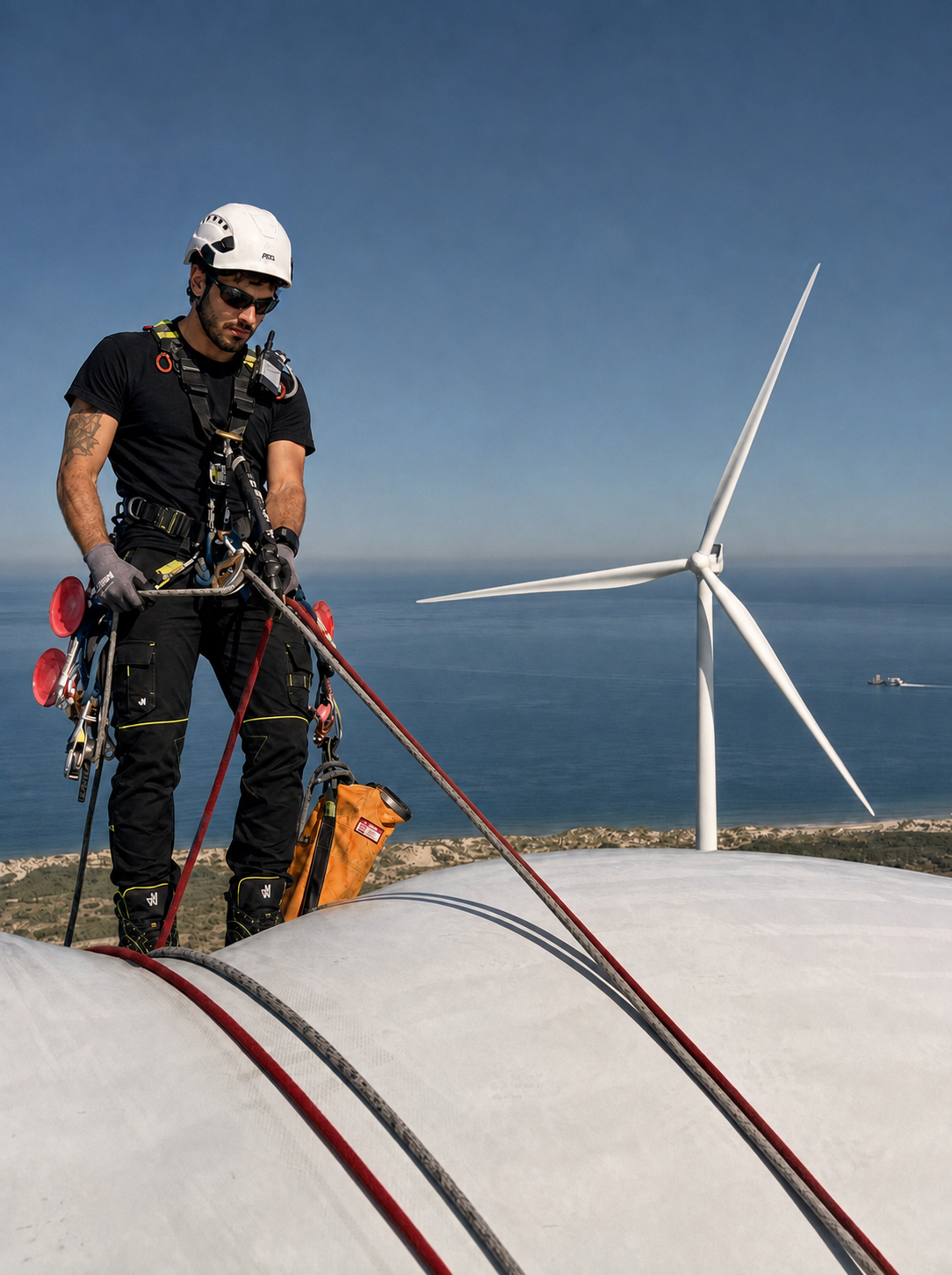 Wind technician working with rope-access equipment above a coastal wind farm
